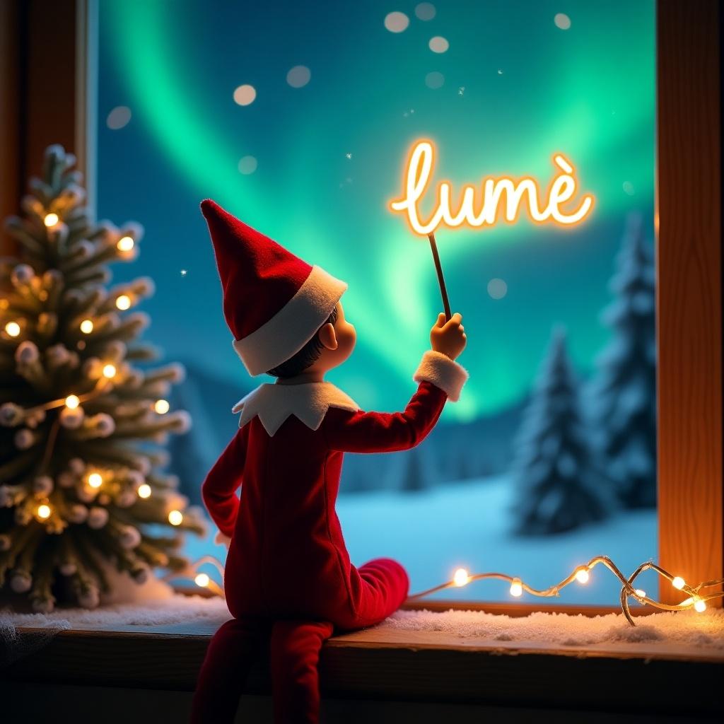 Enchanting Christmas scene with an elf on the shelf. The elf in red and white faces the sky. Wields a magic wand writing 'Lumé' in glowing script. Backdrop has vibrant northern lights. Scene is festive and whimsical. Captures joy of the holiday season.