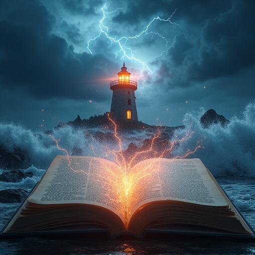 Open book with cursive script. Epic lighthouse emerges in dark room. Rotation of colorful heavenly lights. Massive lightning storm with funnel clouds. Foggy waves splash over the pages. Vibrant dark colors with lightning sparks.