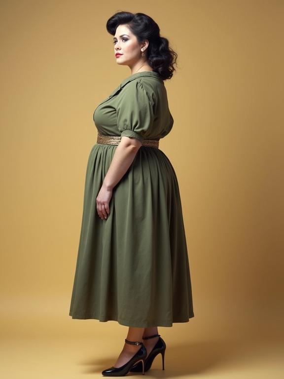 A woman stands in a side view wearing a vintage olive green long dress and heels. She has chubby features and styled hair. The background is a warm beige color.