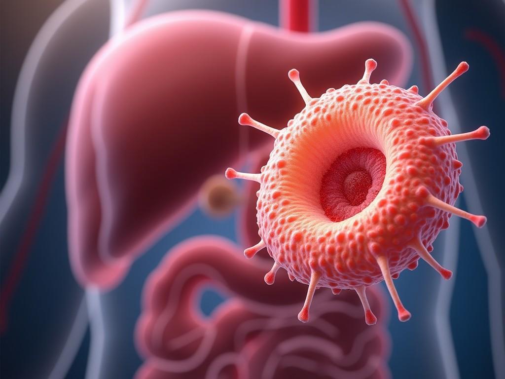 The image presents a hyper-realistic depiction of a virus in connection with human anatomy, showcasing intricate details of the virus's surface. It highlights a blend of colors, primarily red and pink, creating a vibrant appearance that draws attention. The background features elements of the human body, suggesting the location of the virus within the digestive system. This representation serves educational purposes, emphasizing the relationship between pathogens and human health. The design aims to evoke a sense of curiosity about viruses and their impact on the human body.