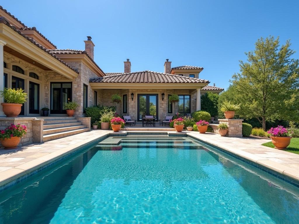 The image depicts a luxurious mansion with a large swimming pool in the foreground. The mansion features intricate architectural details, with stone walls and large windows that allow plenty of light inside. Colorful flower pots adorn the patio, adding vibrant hues to the setting. There are trees and landscaped gardens surrounding the pool area, enhancing the beauty of the landscape. The sky is clear and blue, suggesting a warm, sunny day perfect for enjoying the outdoors.