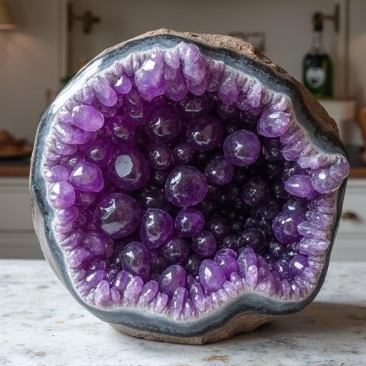 Kitchen island made with a large amethyst geode displaying an organic shape.