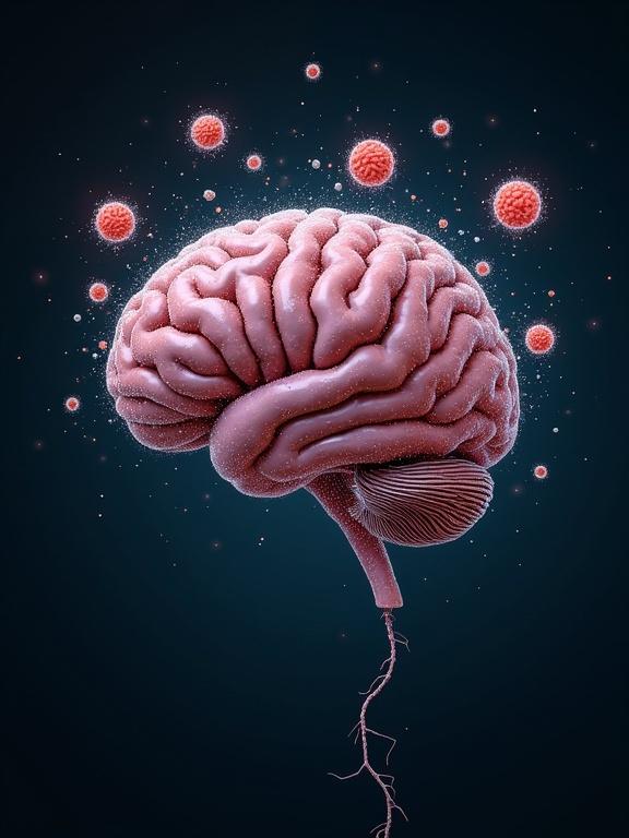 Generate a minimalist image of a human brain. Surround the brain with small images of ribosomes engaged with mRNA. Keep the color palette simple and use a dark background.
