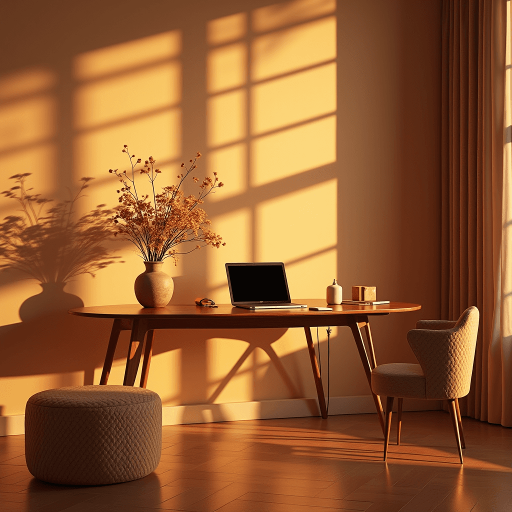 A serene home office bathed in warm sunlight, featuring a laptop on a mid-century desk with elegant décor.