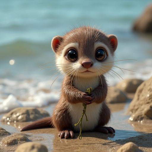 A tiny fluffy otter with glossy fur and a sparkly nose sits on a rocky beach. The otter holds a stick made of seaweed. Soft natural light highlights her wide eyes and the ocean background. The scene shows details of the rocks and water.