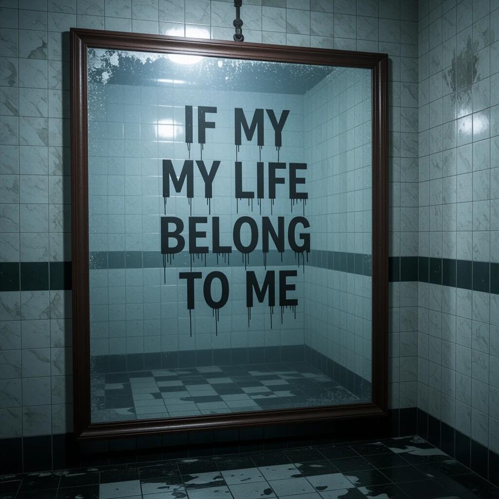 Large foggy mirror in abandoned bathroom. Words are displayed on the mirror in bold text. Dirty tiles add to the horror movie feel.