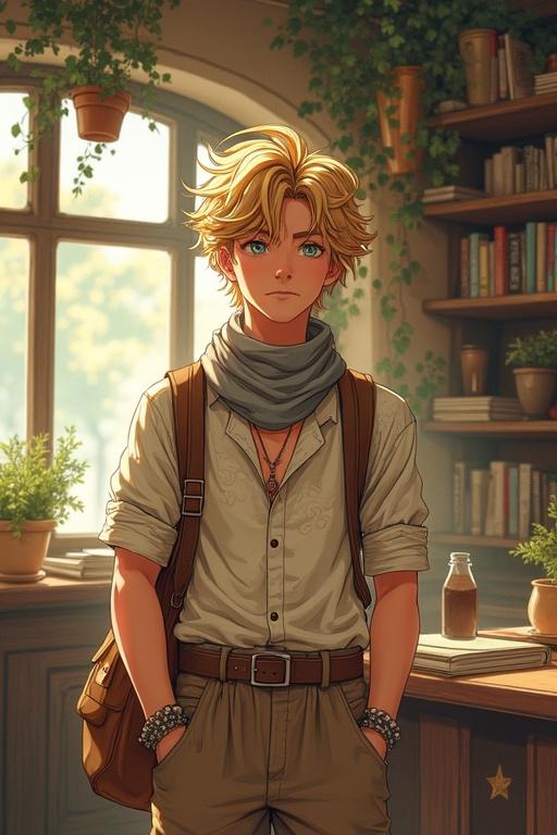 Image of a dreamy young man with blonde hair dressed in a bohemian outfit. He stands in a vintage-style café with plants and books in the background. His demeanor is warm and serene. He carries a sketchbook and has an umbrella.