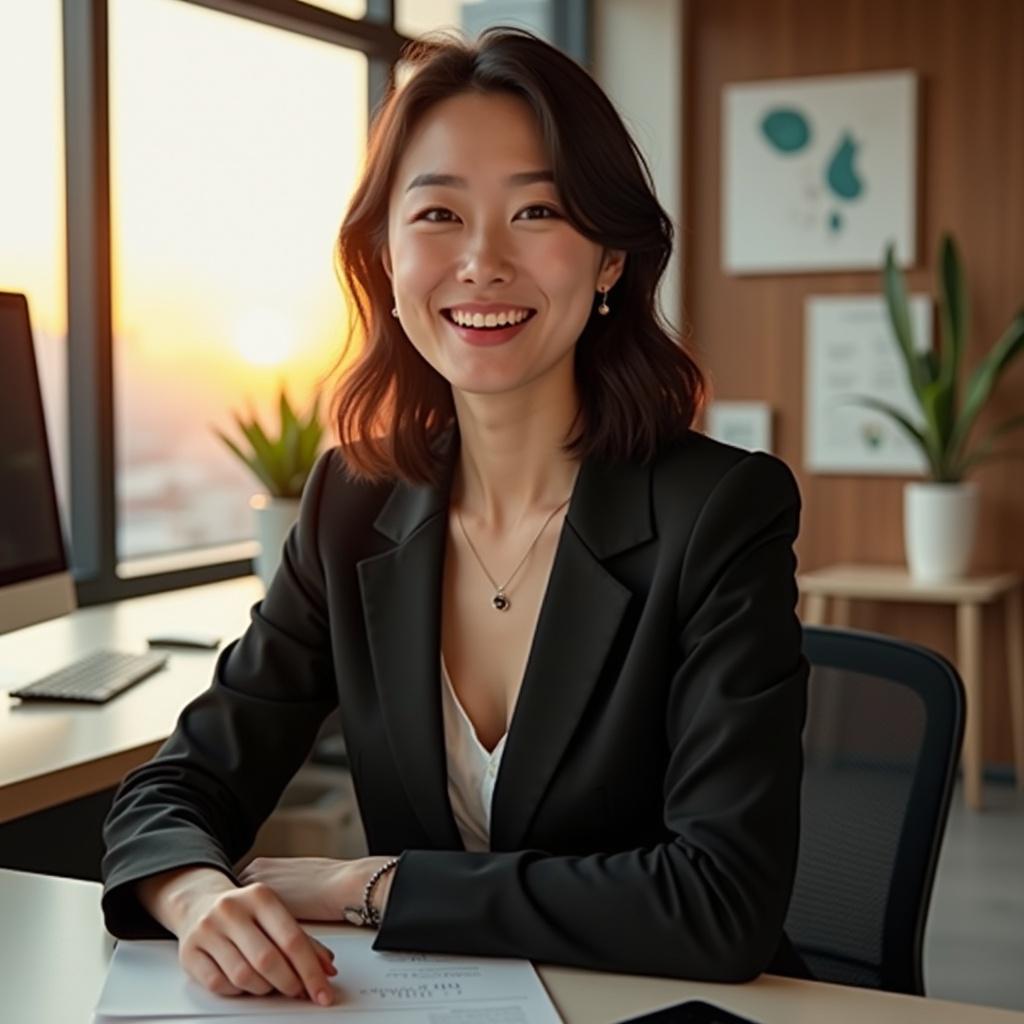 The image features an Asian woman seated at a desk in a modern office. She is dressed in a sleek black suit, radiating professionalism. Her expression is warm and inviting, suggesting confidence and approachability. The office is bathed in warm sunlight, which creates a soft and welcoming atmosphere. Green plants are visible in the background, adding to the stylish decor.