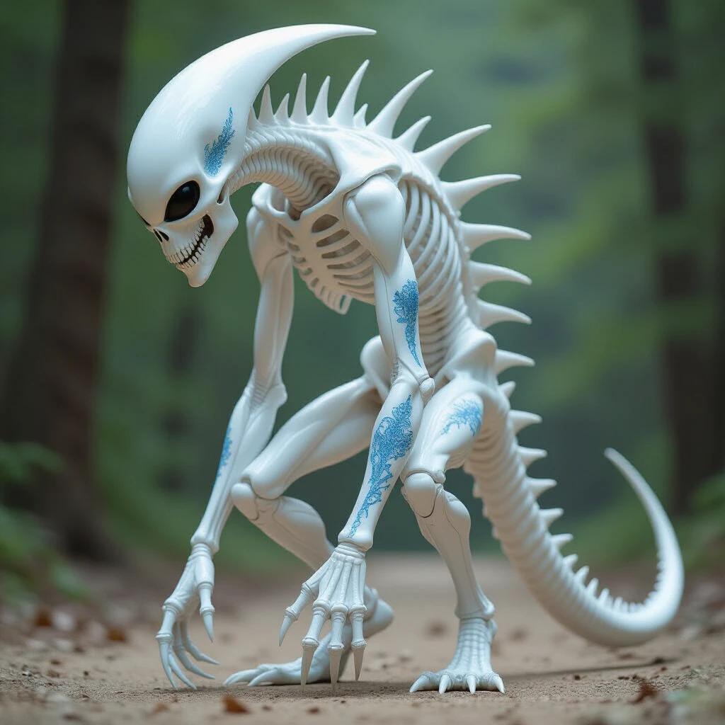 High-resolution macro photograph of a humanoid creature. Creature stands three meters tall with an elongated skull. Positioned at a 45-degree angle with a shallow depth of field. Skeletal thoracic cage and white porcelain carapace are visible. Intricate blue paintings on the carapace. Multiple spikes protruding from the spine. Eyes are white and lifeless. Background features a French countryside field with sunlight creating reflections.