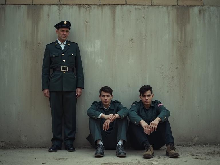 Photorealistic depiction of a young man seated against a wall in a Turkish prison yard next to another young man. A prison guard stands over them.