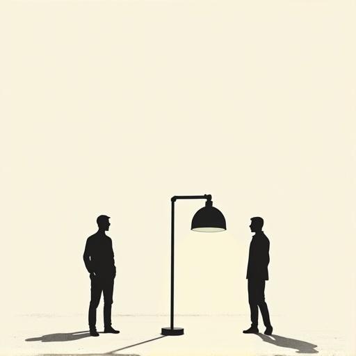 Humans and a big lamp in a minimalist surreal conceptual illustration style. Monochrome color palette with isolated human figures, simplified anatomy against vast negative space. Clean background, soft shadows, elegant composition, contemporary wall art, and subtle grain texture.