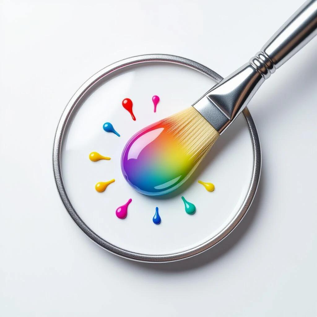 Minimalist circle icon design features geometric silver brush tip placed at the center. Large hyper-realistic droplet displaying rainbow colors rests at the tip of the brush. Surrounding it are five tiny suspended splashes in colors cyan, yellow, purple, pink, turquoise. Clean white background emphasizes the color pop. Soft shadows enhance the macro photography style. The composition utilizes 85% negative space.