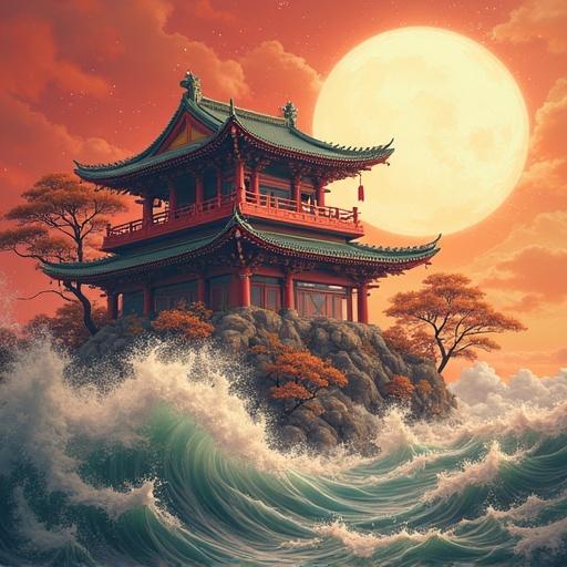 A serene pagoda stands on a rocky island surrounded by crashing waves under a large bright moon. The scene is illuminated by an orange sunset sky with fluffy clouds. The pagoda features intricate Asian architecture with green roofs and is framed by trees. Ocean waves create a dramatic effect in the foreground.