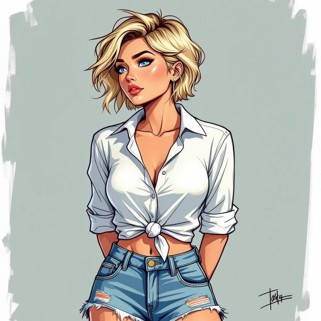 19-year-old woman in a side pose. She has bright blue eyes. Her hair is a messy crew cut with straw-blonde color. She appears determined. She wears ripped denim shorts and a white collared shirt tied at the front. Her arms are behind her back. Shoulders are hunched back. The art style is semi-realistic comic with bold lines.