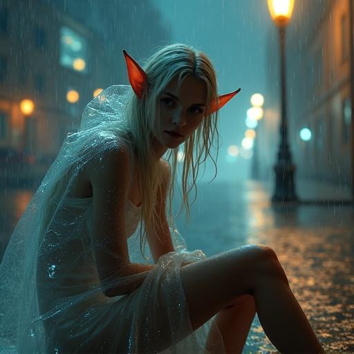 A visually striking elf sits facing the camera. The elf has silver blonde hair and pointed ears. Setting is a fantasy steampunk city with gas lamps. The elf wears a transparent raincoat. The scene is set at night with rain pouring down. Use of bright cinematic lighting and intricate details enhances the view.