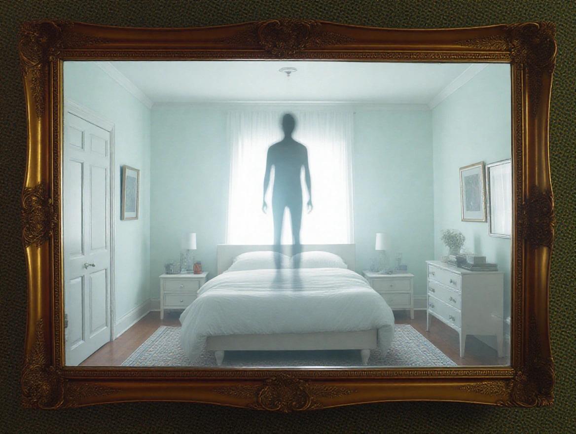 Surreal bedroom scene with a floating figure above the bed. Mysterious atmosphere created by distortion and soft lighting.