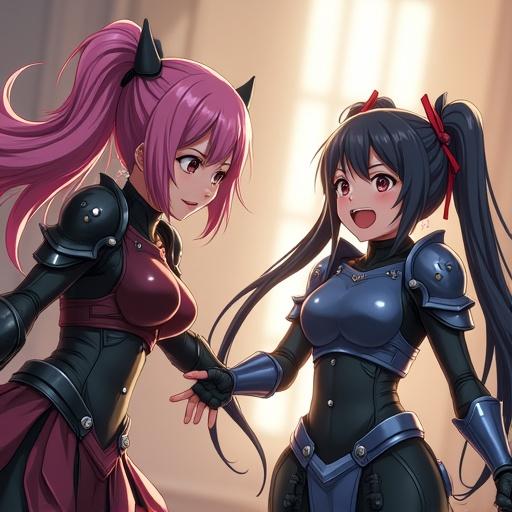 Cute anime girls are fighting in a dramatic scene. They wear detailed cyberpunk armor. The atmosphere is intense and energetic. The focus is on their battle-ready poses. The background suggests a high-tech environment.