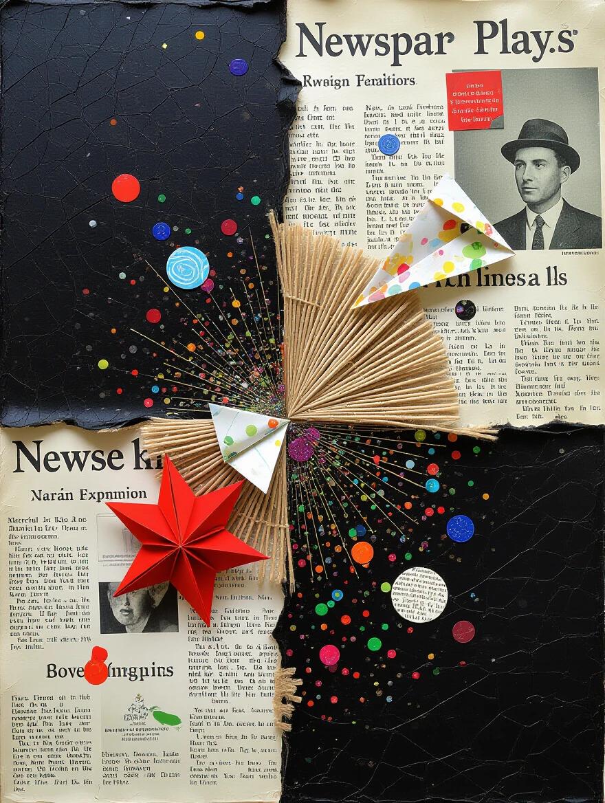 Mixed media artwork combines newspaper, jute fibers, and glittering confetti. Features origami shapes like a red star and colorful geometric elements. Showcases scratches, drops, and tears across the surface. Bright colors contrast with a dark backdrop. Evokes depth and interest in texture.
