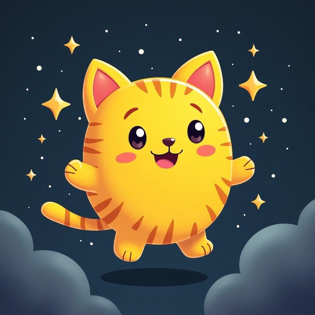 Cartoon character of a cheerful yellow cat in space. Surrounded by stars. Playful and whimsical design.