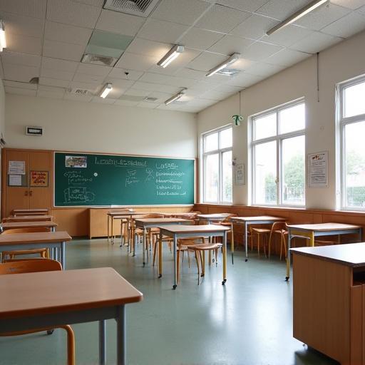 A primary school classroom featuring modern facilities and a green chalkboard. Desks are arranged for students. Windows allow natural light to fill the space.