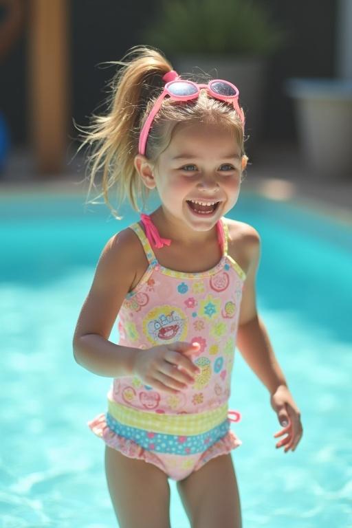 Girl laughs joyfully while playing in a swimming pool. She wears a colorful swimsuit and sunglasses. The scene is bright and captures a fun summer day.