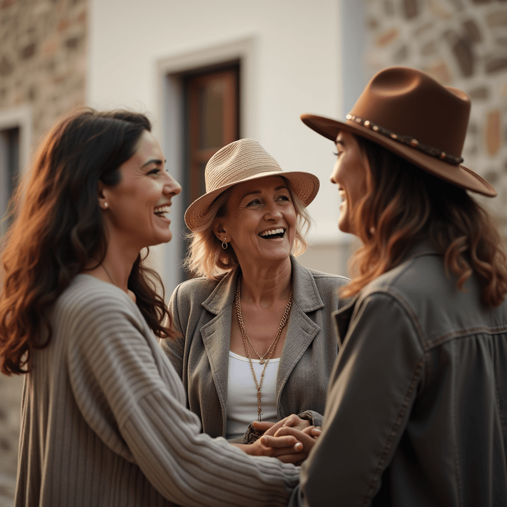 Three women are smiling and chatting outside, two wearing hats.