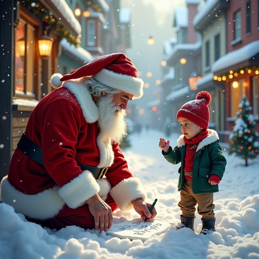 Cheerful Santa Claus writes names in the snow. He wears red and white attire with a black belt. A snowy street with charming buildings surrounds them. Soft winter light creates a warm glow. The scene conveys a festive holiday mood.