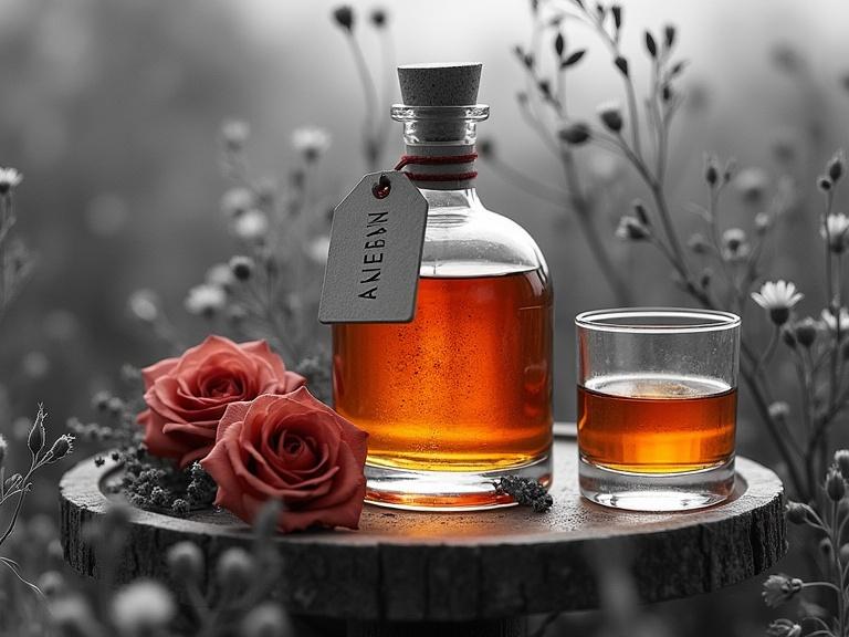 Captivating selective color art featuring a shimmering golden-red apothecary-style bottle. Close shot with a wooden plate. Bottle held by beautiful Venus in mid-thirties. Surrounded by wildflowers and roses. Elegant hang tag displays name. Two identical glasses filled with liquid featured. Rough sketch mixed media style.