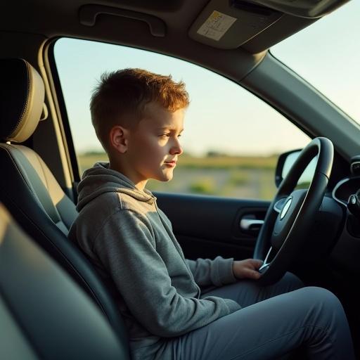 A boy is seated inside a car. The scene shows the car's interior from a side angle. Natural light illuminates the interior. The boy looks focused but calm, suggesting a learning or relaxed atmosphere.