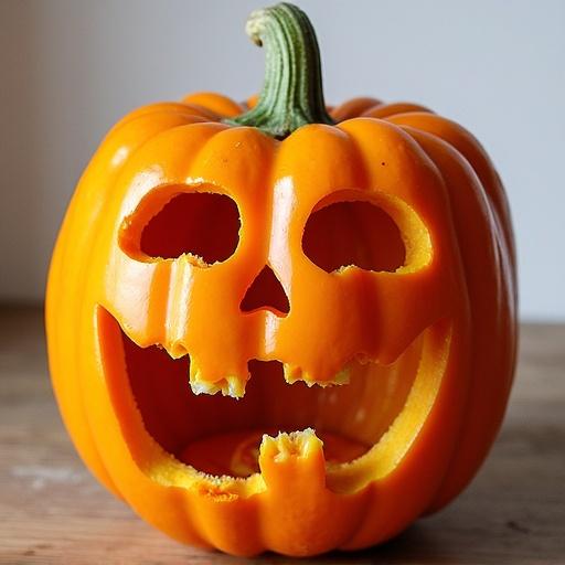 Carved pumpkin with smiling face. Bright orange color. Halloween decoration. Natural light affects appearance.