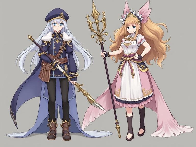 Two fantasy characters standing side by side. One wears a dark blue cloak, holding a spear. The other has long blonde hair, wears a pink dress, and holds a staff. Both characters are fully visible and prominently featured.