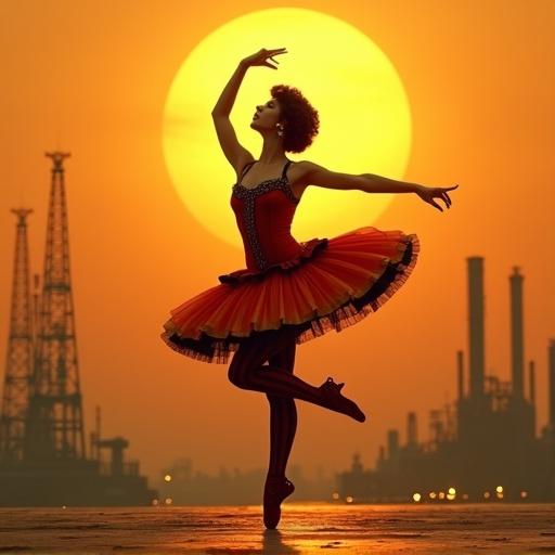 Fantasy-style scene with vintage elements. Dancer in retro ballet costume performs mid-dance pose. Large glowing sunset in background. Industrial silhouette skyline at horizon. Warm lighting creates mystical atmosphere.