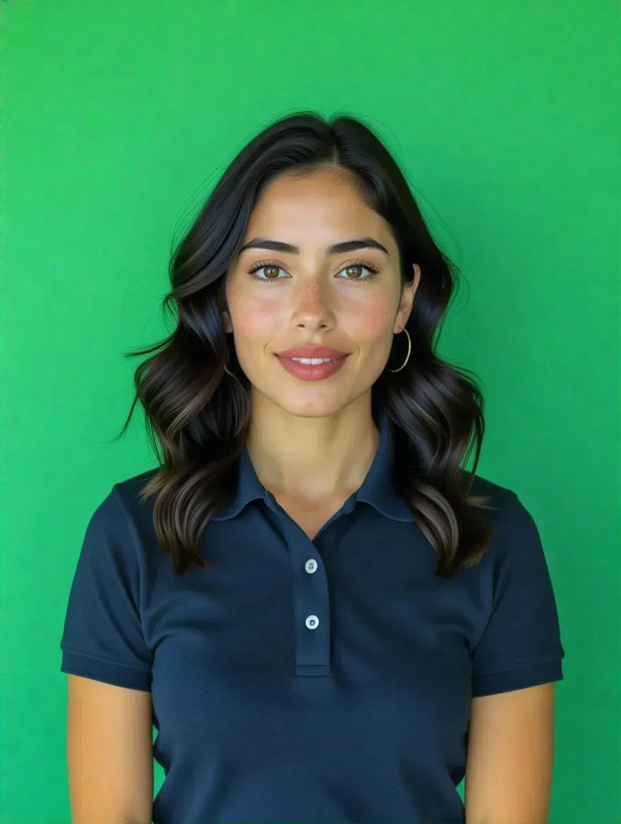 Amateur portrait of a Chilean woman against vibrant emerald green background. Shoulder-length wavy black hair styled with volume. Defined eyebrows and warm brown eyes with subtle makeup. Wearing natural-looking pink lipstick. Dressed in navy blue polo shirt with buttons. Expression is neutral and professional, looking directly at camera.