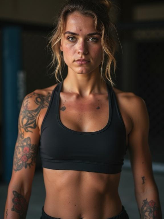 A young athletic female MMA fighter appears fit and strong. Heavy bruises are prominently visible on her body. Natural lighting enhances her features. Captured with a DSLR camera. Emphasizes physical strength and athleticism.