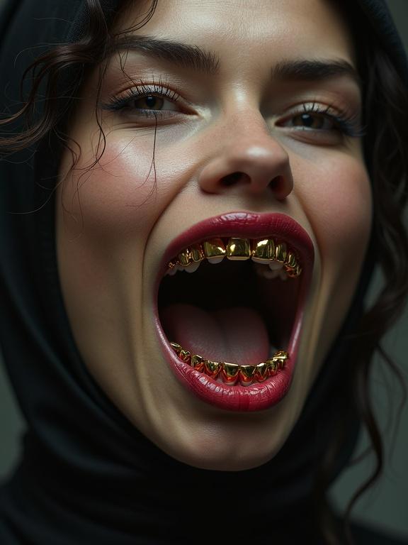 A woman features a large jaw and gold teeth. A futuristic minimalism style is applied. The forms are restrained. Influenced by darkly romanticism. Resembles the bechers' typologies. The finish appears glossy. Intricate imagery is present. A close-up shot is taken.