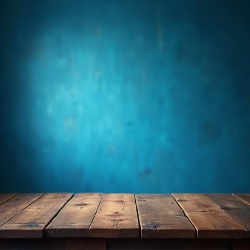 Front view of a wooden table against a blue wall. The wall has a textured vintage look with soft dramatic lighting illuminating the table.