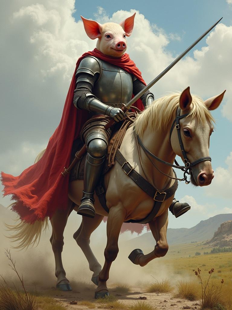 A knight with a pig head riding a four-legged horse. The knight wears armor and a flowing red cape. The setting shows an expansive outdoor landscape.