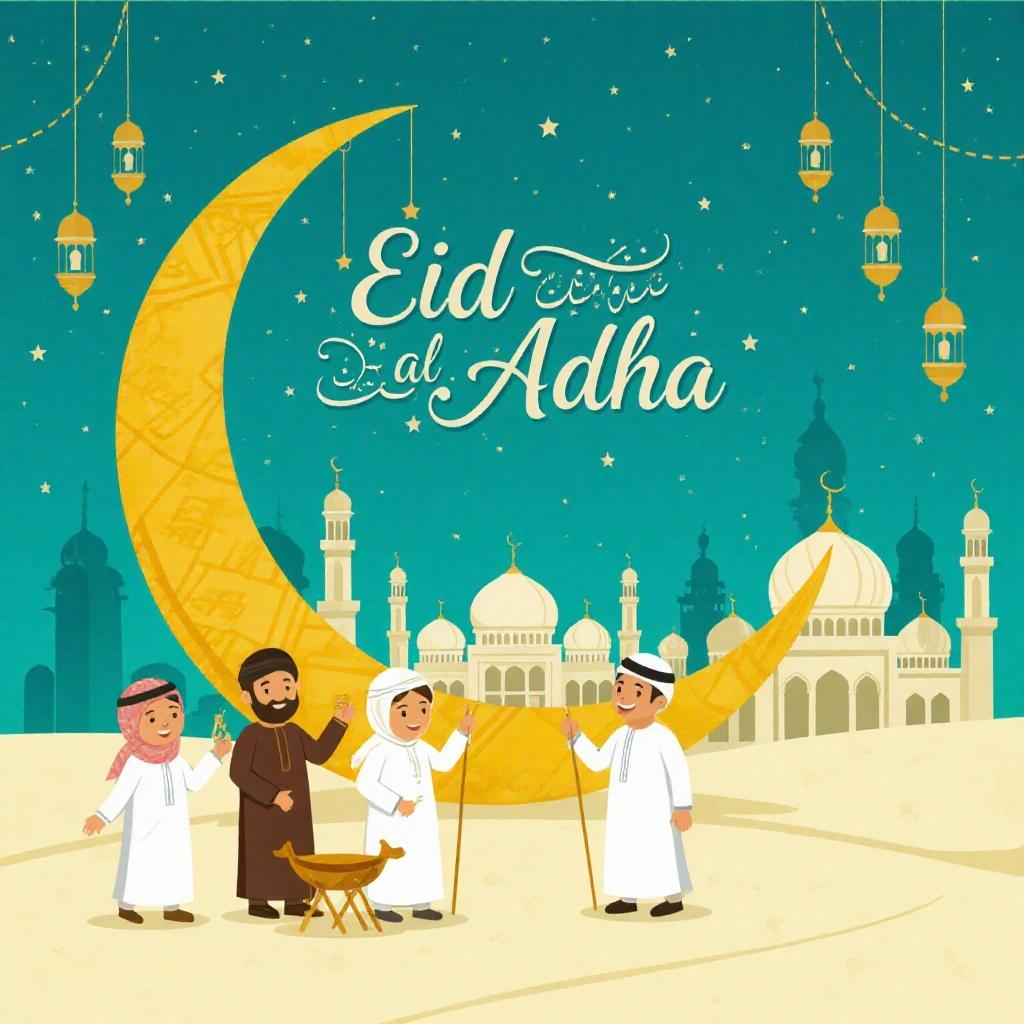 Eid al-Adha greeting card with crescent moon and Islamic architecture. Characters dressed in various traditional attires celebrating together.