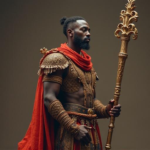 A strong man in ornate medieval armor greets with a staff. He has a beard and long hair, wearing a red cape. His costume is rich with detail and embellishments.