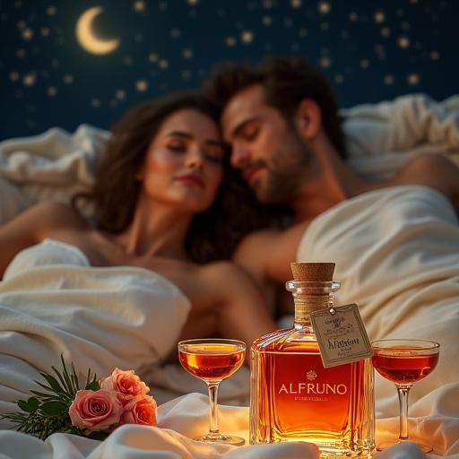 A man and a woman draped in luxurious white velvet lying on moonlit silk blanket. Under a starry sky. An apothecary-style bottle labeled ALFRUNO placed in front. It radiates a golden-reddish glow. Two identical cocktail glasses filled with liquid. A few roses and a sprig of rosemary placed beside them.