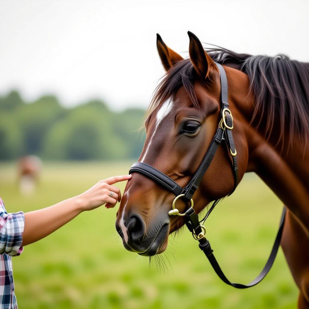 Close-up view of a hand gently touching a horse's face. The horse has a bridle. The setting is a lush green field. The lighting is soft with a natural background.