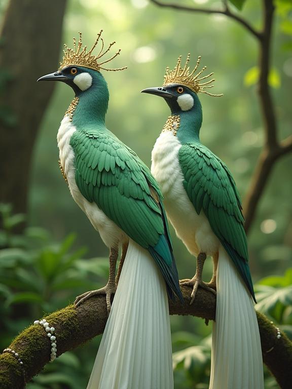 Two green and white birds with long white tails. Birds adorned with beads and elegant crowns. Background features a lush forest with soft bokeh lighting. Style is highly detailed and surreal.
