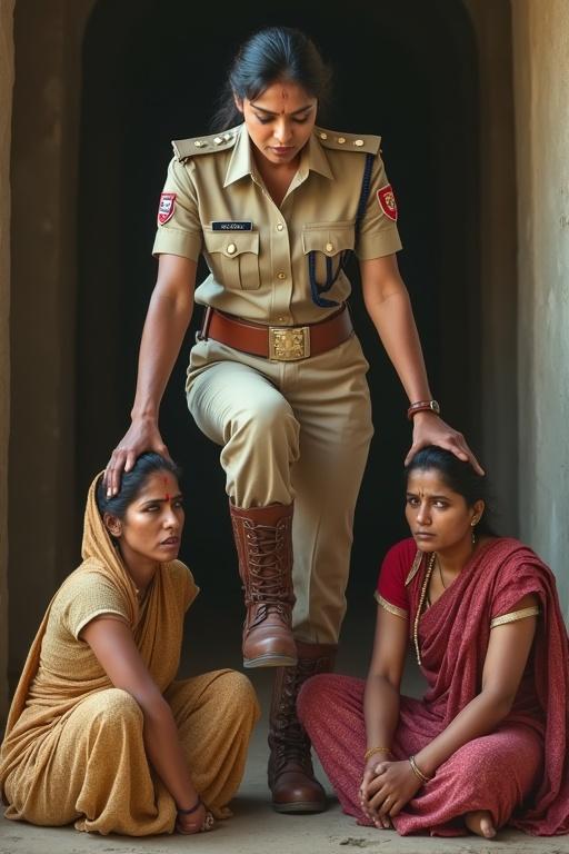 The image shows a powerful Indian female police officer confidently positioned using a woman to symbolize dominance. She is dressed in a crisp khaki uniform and sturdy brown boots. Two women in simple dresses sit on the floor with submissive postures. The officer's gesture of placing her foot on one woman's head symbolizes control and authority.