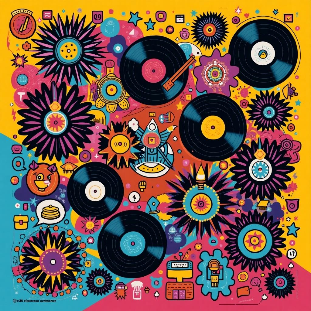 Collage of vinyl records and colorful flowers with geometric patterns. Bright yellow and pink background. Elements of music and art interwoven in a vibrant composition.