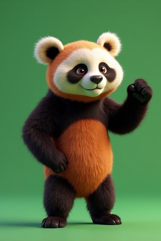 3D animation of a panda-like character with a playful expression against a green screen.