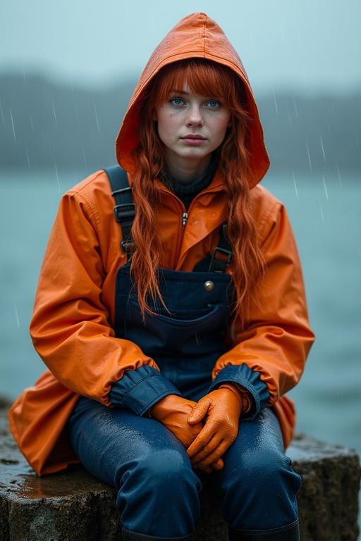 Young woman with long red hair in pigtails sits on a cliff. Wearing orange mackintosh and navy blue dungarees. Cold sea and storm clouds in background. Rain pouring down.