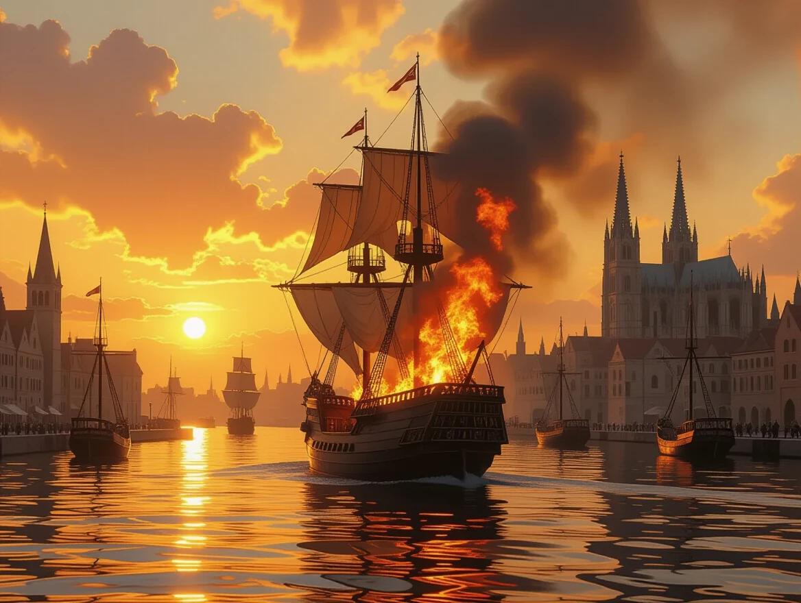 Dramatic seascape during golden hour. A large three-masted galleon burns in the foreground. Bright orange flames and smoke billow into the atmosphere. Warm golden sunlight filters through haze. Gothic cathedral and medieval buildings are in view. Multiple sailing ships are anchored in the misty background. Reflections of fire and light shimmer on calm waters. The composition features atmospheric perspective. Oil painting style with high detail. Romantic period depiction. Warm color palette emphasized.