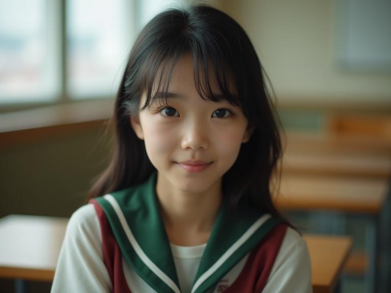 A beautiful Japanese girl in her 12s wearing a school uniform. She is sitting in a classroom with warm soft lighting. Ultra-detailed skin texture and cinematic composition are noticeable. The photo is taken with an 85mm lens for a depth of field effect.