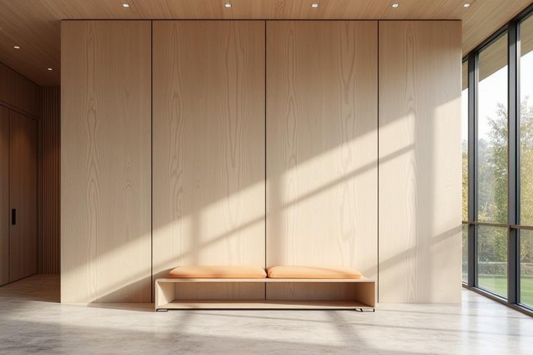 Photo displays a tall wooden wall in a reception area. A wide and sleek wooden bench with orange cushions is positioned in front of the wall. Large windows let in natural light. The overall style is minimalistic and modern.