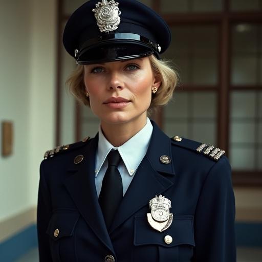 Woman in a police uniform. Short blonde hair. Confident expression. Navy blue attire with badges. Police cap on head. Soft lighting. Front view. Suitable for portrayal of authority in law enforcement.